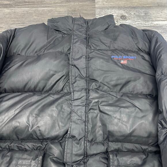 Vintage 90s Polo Sport Ralph Lauren Black Blue Mens XL Zip Up Down Puffer Jacket - Picture 2 of 13